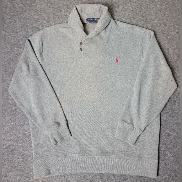 Polo Ralph Lauren Sweater Mens Size 2XL Gray Shawl Collar Red Small Pony - Picture 1 of 9